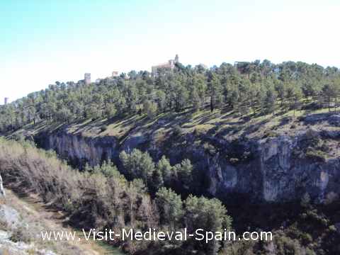 The medieval village of Alarcon showing the cliffs which helped defend the town, Spain