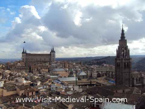 Panoramic view of the Spanish city of Toledo.The photo was taken from the towers of the Church of St Idelfons and shows a large portion of the city and surroundings including the Alcazar.